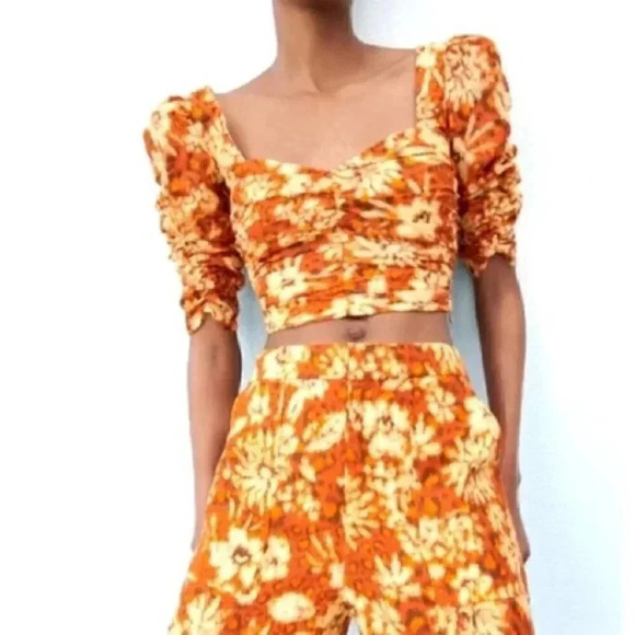 NWOT Zara Geometric Floral Print Cotton Cropped Top S - Picture 1 of 8